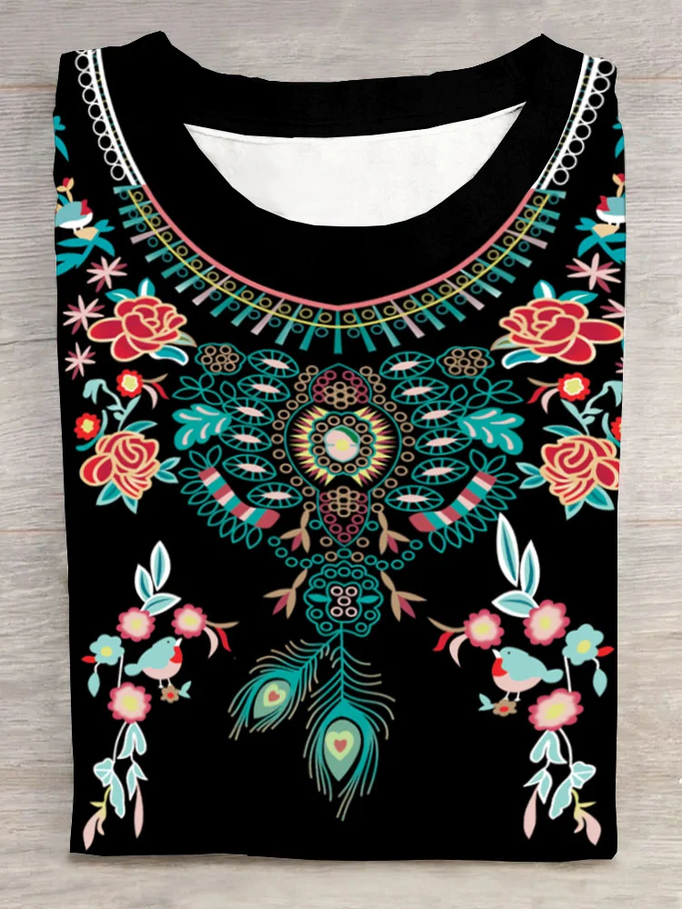 Ethnic pattern printed round neck casual short sleeved T-shirt