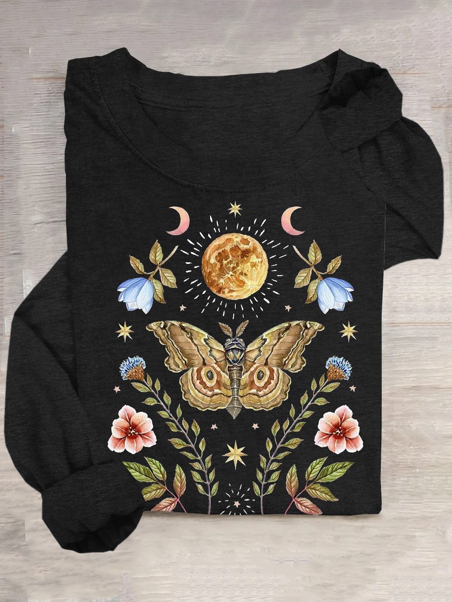 Loose Casual Floral Butterfly Cotton-Blend T-Shirt