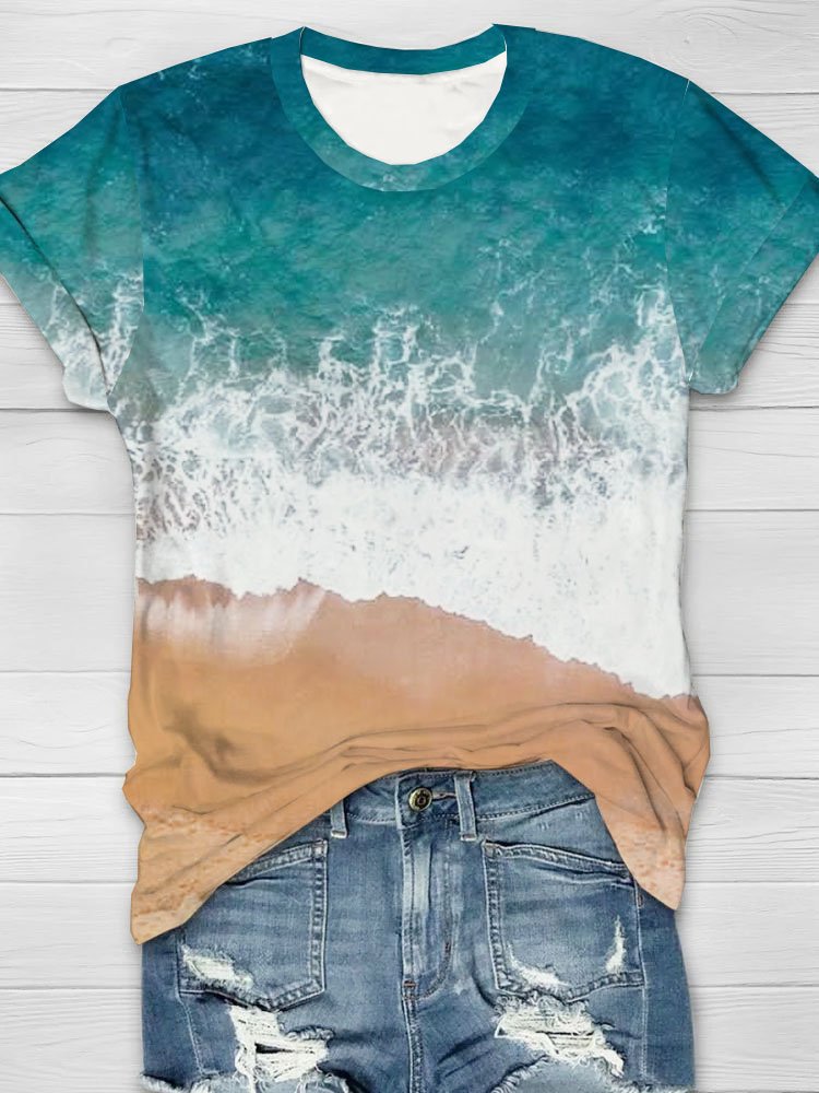 Beach print round neck short sleeved casual T-shirt