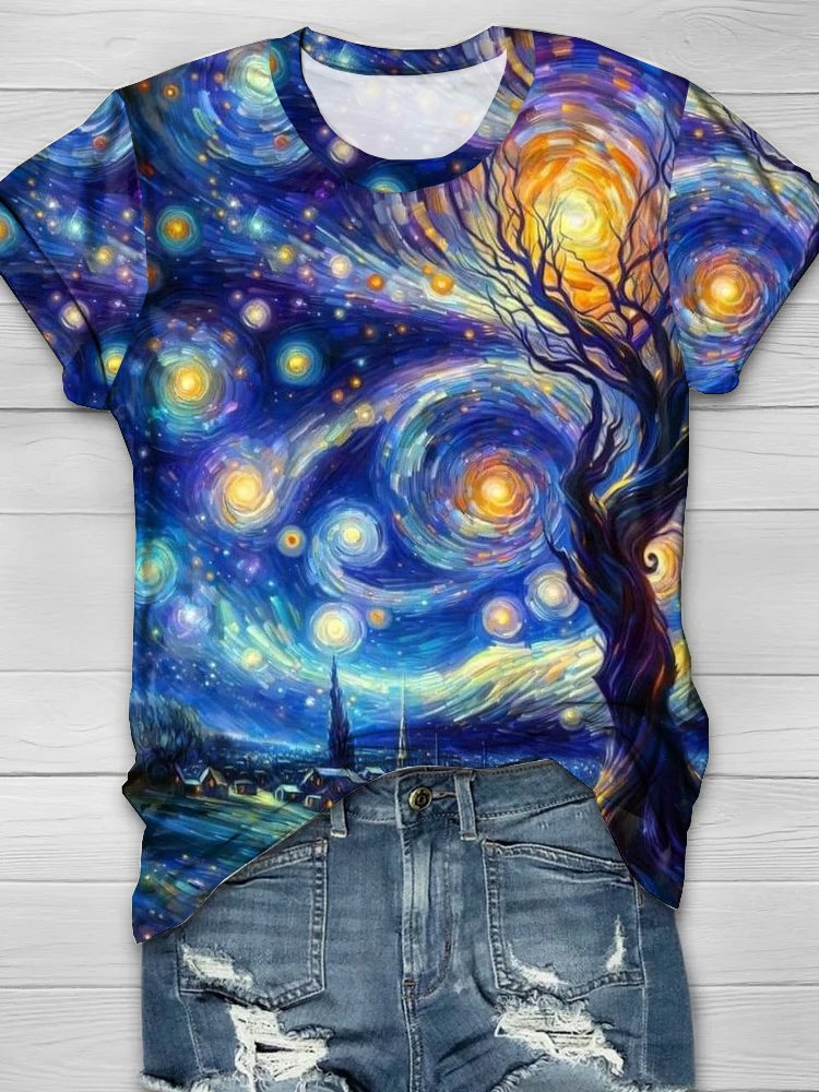 Abstract starry sky landscape printed T-shirt