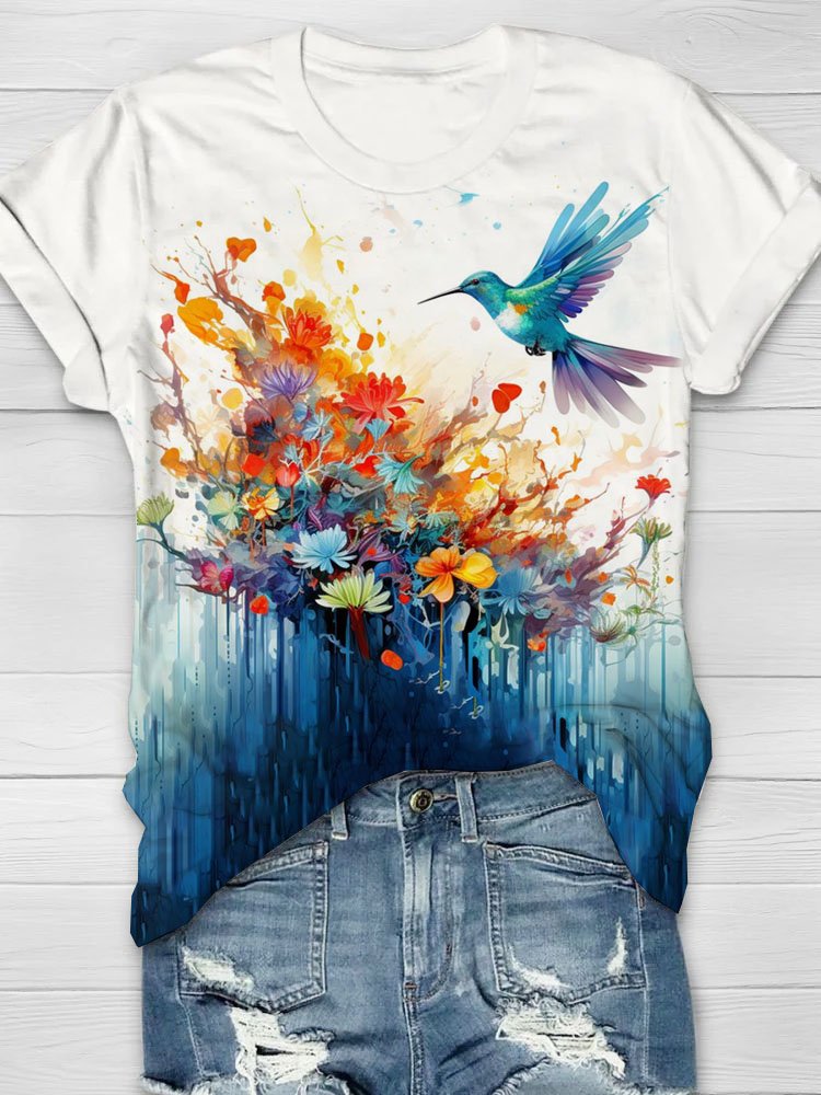 Floral & bird print round neck short sleeved casual T-shirt