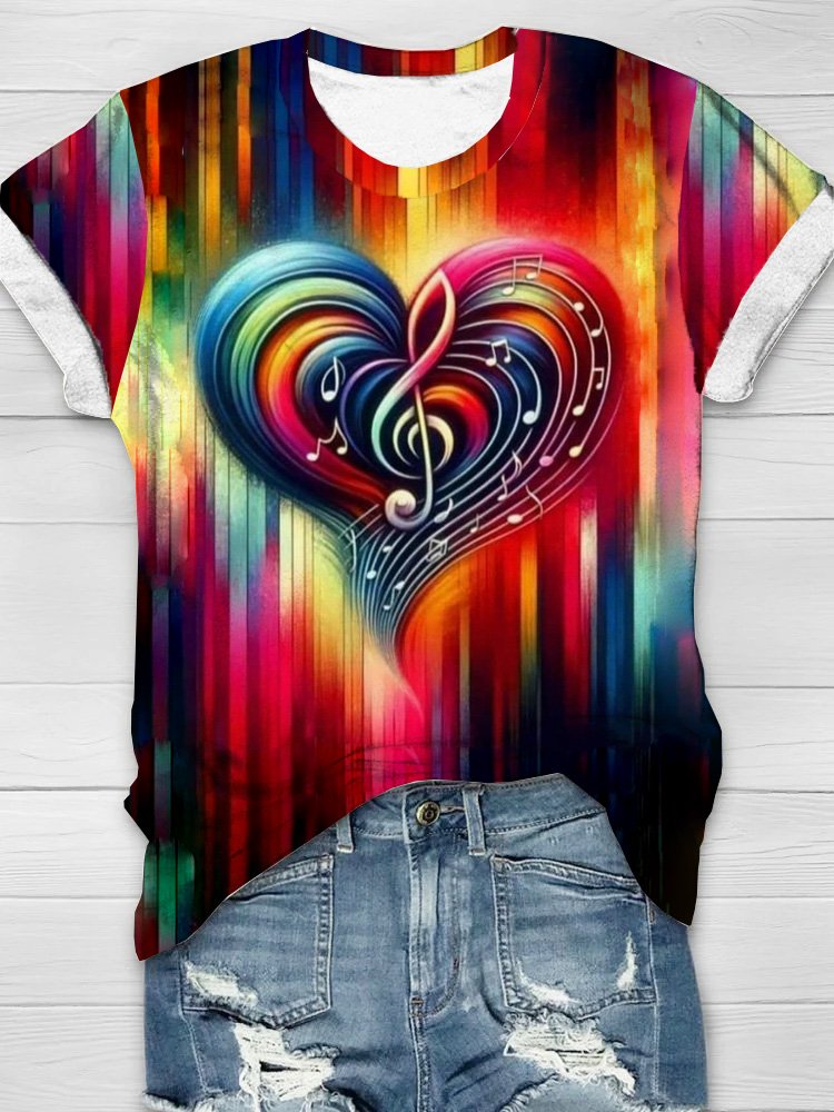 Casual Crew Neck Heart/Cordate T-Shirt