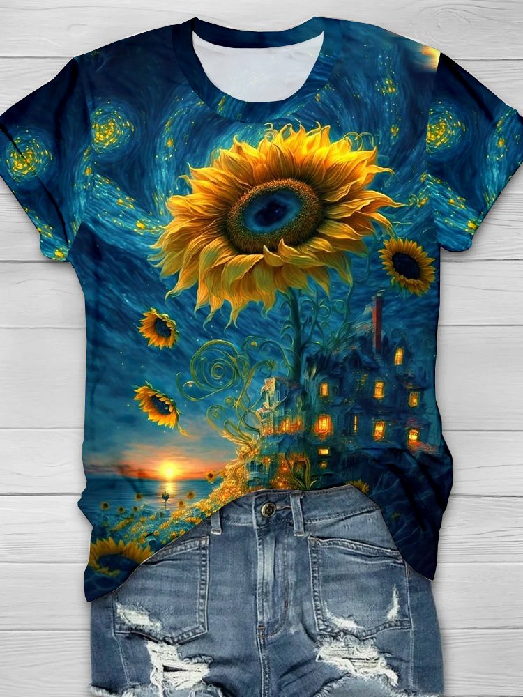 Sunflower Landscape Print Casual Crew Neck T-Shirt