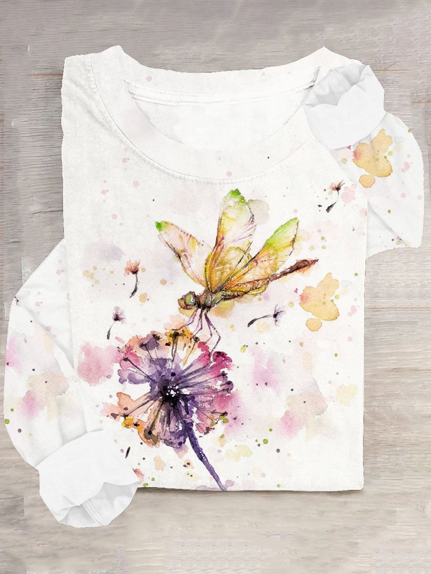 Dandelion dragonfly printed round neck long sleeved casual T-shirt