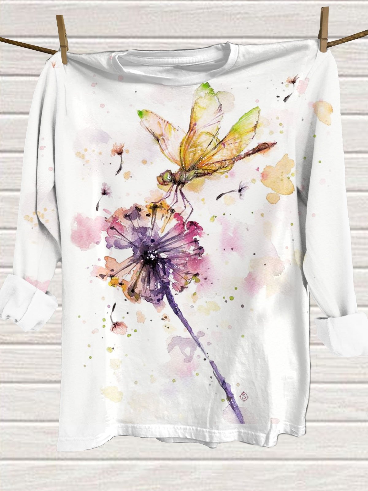 Dandelion dragonfly printed round neck long sleeved casual T-shirt