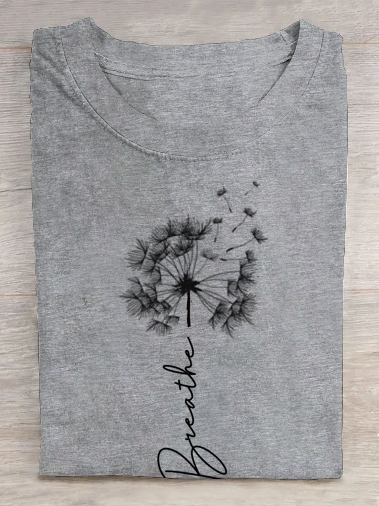 Text Letters Dandelion printed round neck long sleeved casual T-shirt