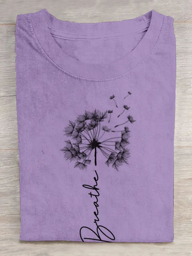 Text Letters Dandelion printed round neck long sleeved casual T-shirt