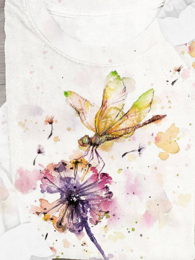 Dandelion dragonfly printed round neck long sleeved casual T-shirt