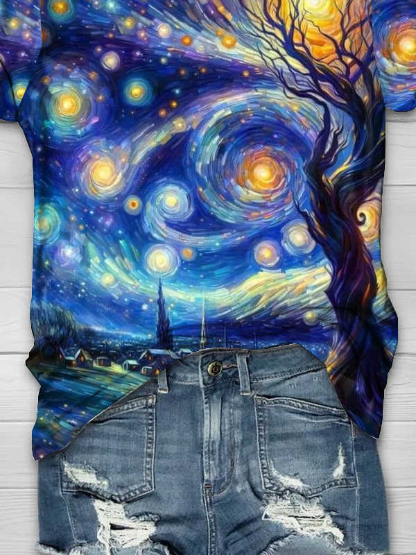 Abstract starry sky landscape printed T-shirt