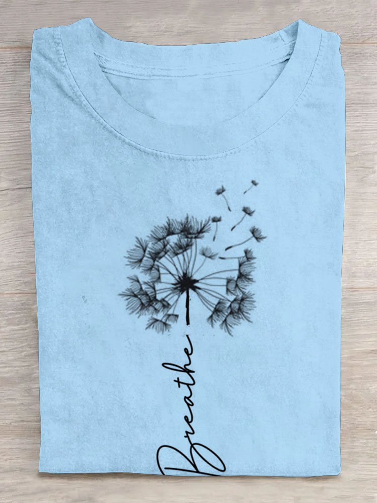 Text Letters Dandelion printed round neck long sleeved casual T-shirt