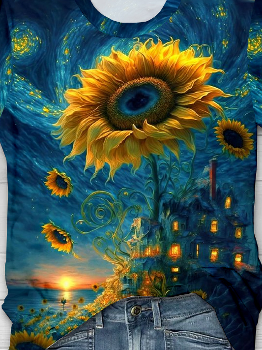 Sunflower Landscape Print Casual Crew Neck T-Shirt