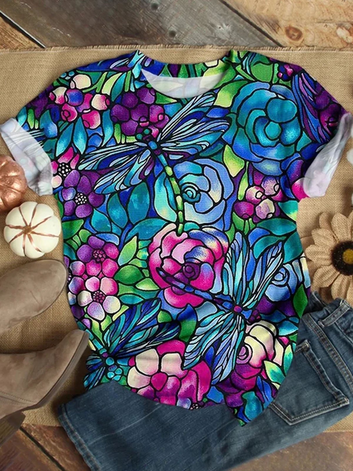 Flower & Dragonfly Printed Round Neck Short Sleeve Casual T-shirt