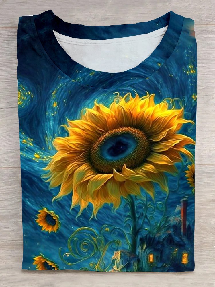 Sunflower Landscape Print Casual Crew Neck T-Shirt