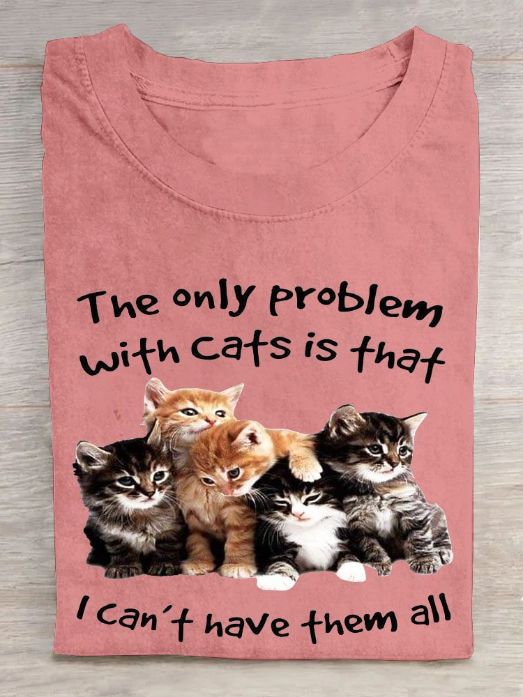 Text letter cat print round neck long sleeved casual T-shirt