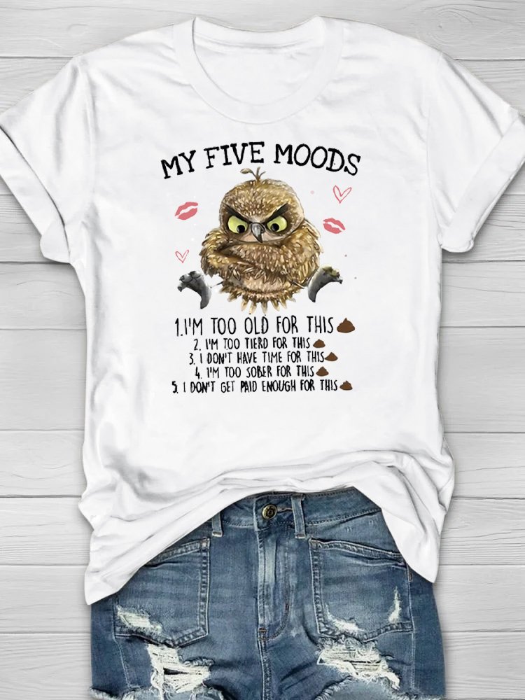 Women's 5 Five Mood Letters Owl  Crew Neck Cotton T-Shirt