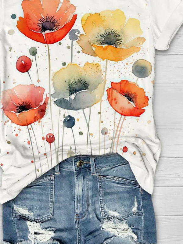 Floral print round neck short sleeved casual T-shirt