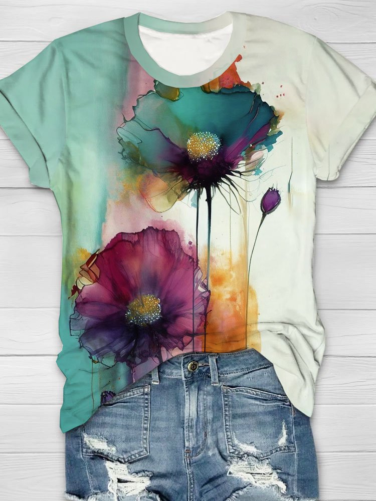 Floral print round neck short sleeved casual T-shirt