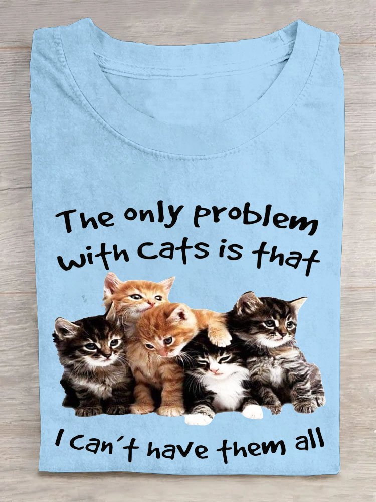 Text letter cat print round neck long sleeved casual T-shirt