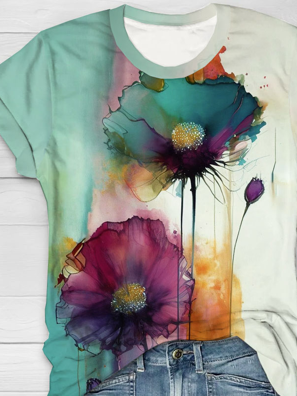 Floral print round neck short sleeved casual T-shirt