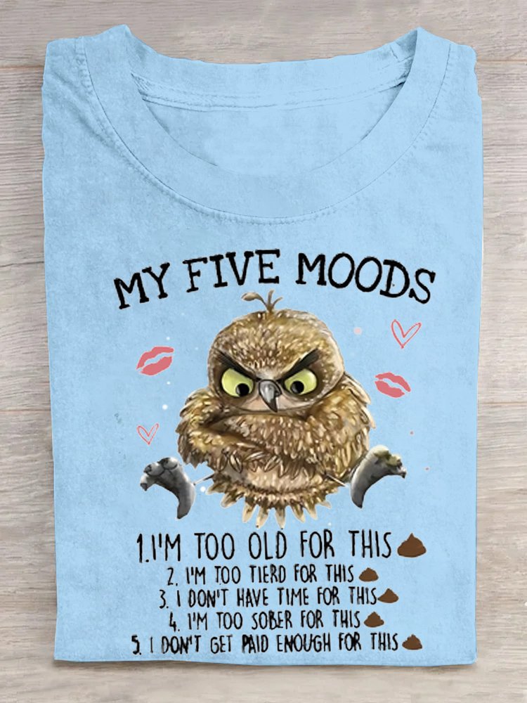 Women's 5 Five Mood Letters Owl  Crew Neck Cotton T-Shirt