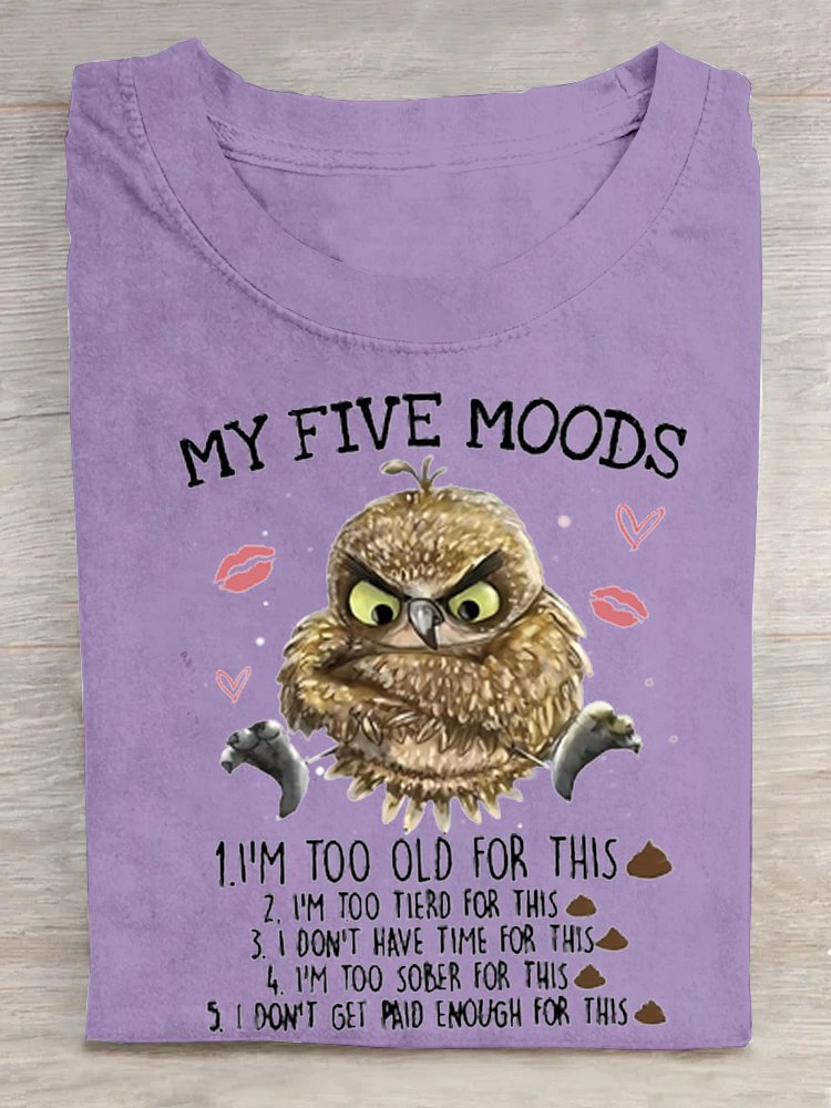 Women's 5 Five Mood Letters Owl  Crew Neck Cotton T-Shirt