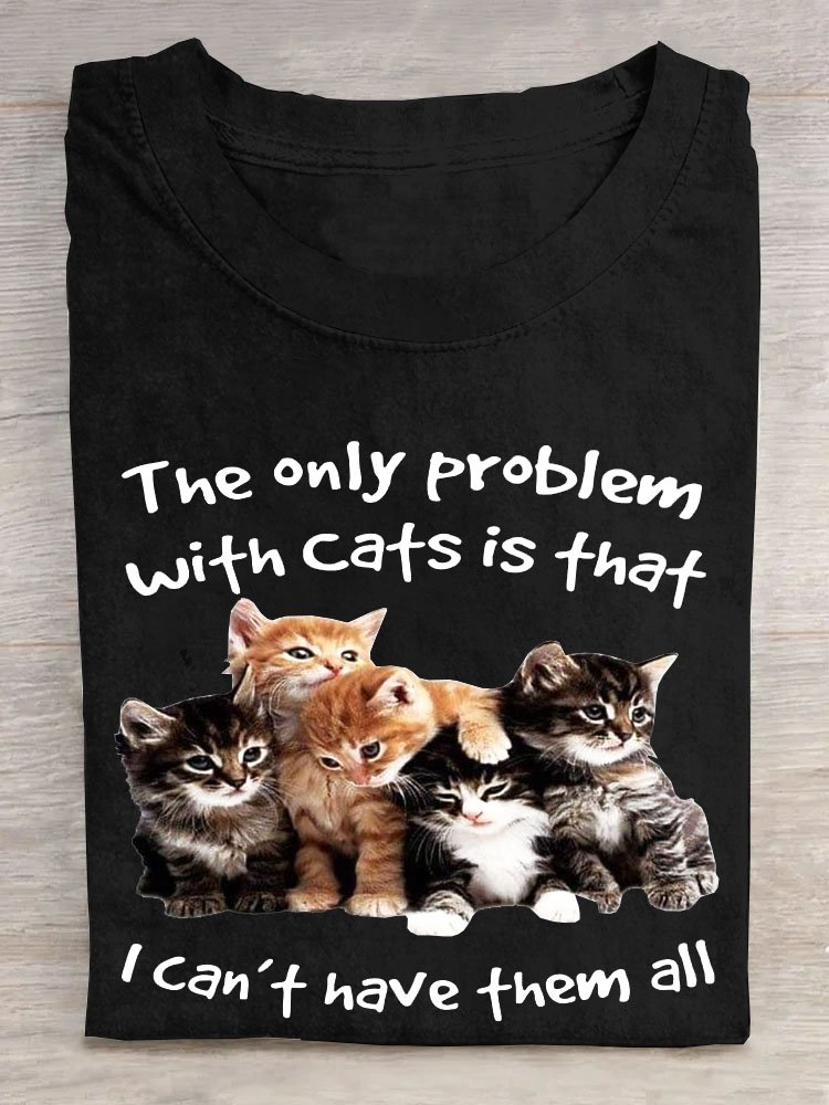 Text letter cat print round neck long sleeved casual T-shirt