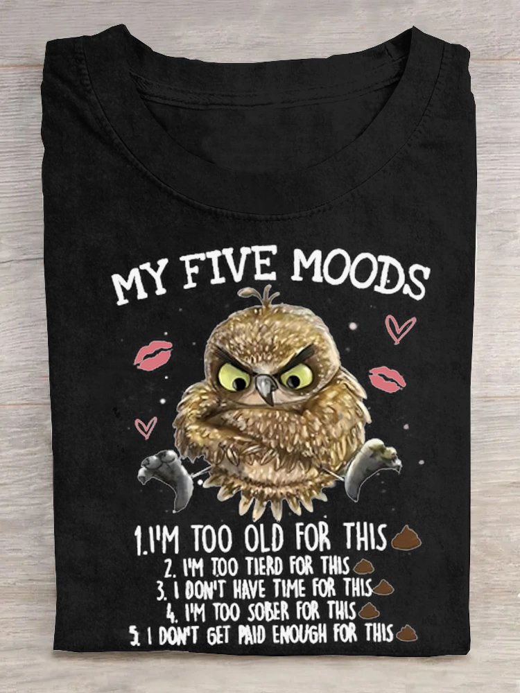 Women's 5 Five Mood Letters Owl  Crew Neck Cotton T-Shirt