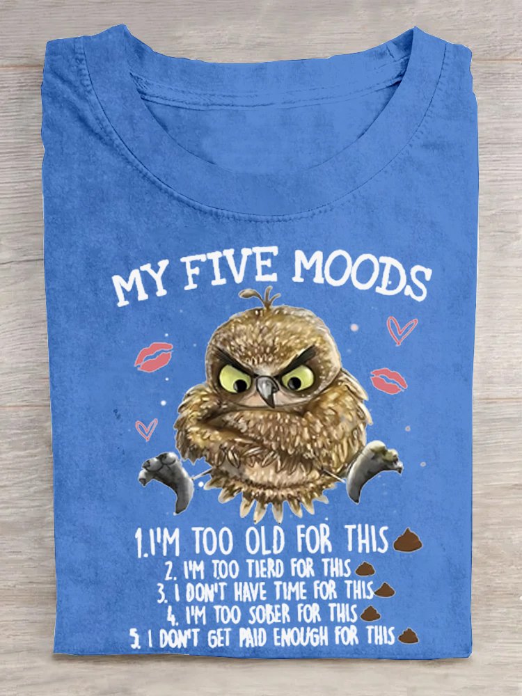 Women's 5 Five Mood Letters Owl  Crew Neck Cotton T-Shirt