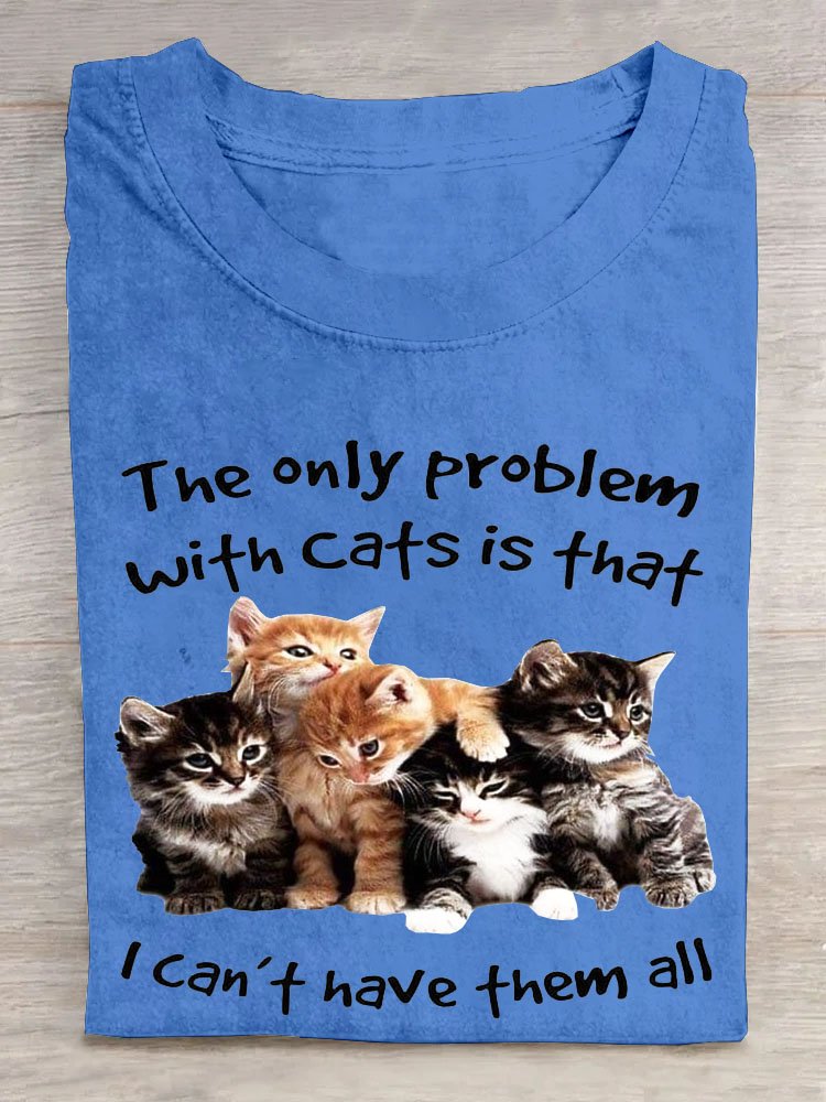 Text letter cat print round neck long sleeved casual T-shirt