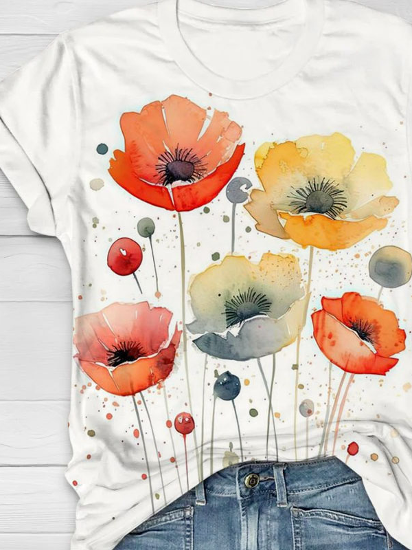 Floral print round neck short sleeved casual T-shirt