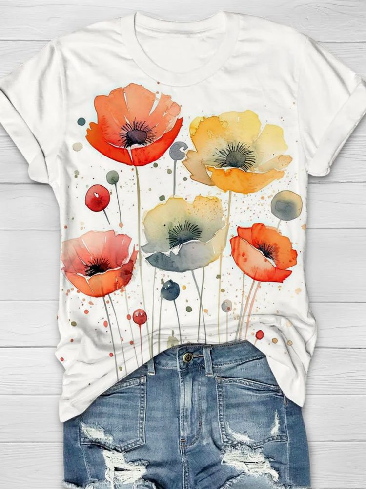 Floral print round neck short sleeved casual T-shirt