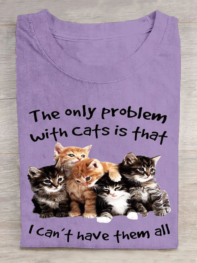 Text letter cat print round neck long sleeved casual T-shirt