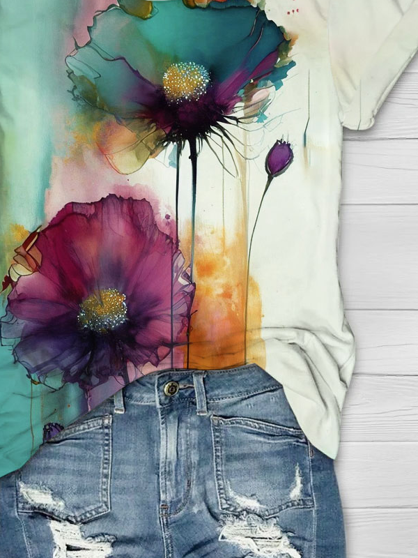 Floral print round neck short sleeved casual T-shirt