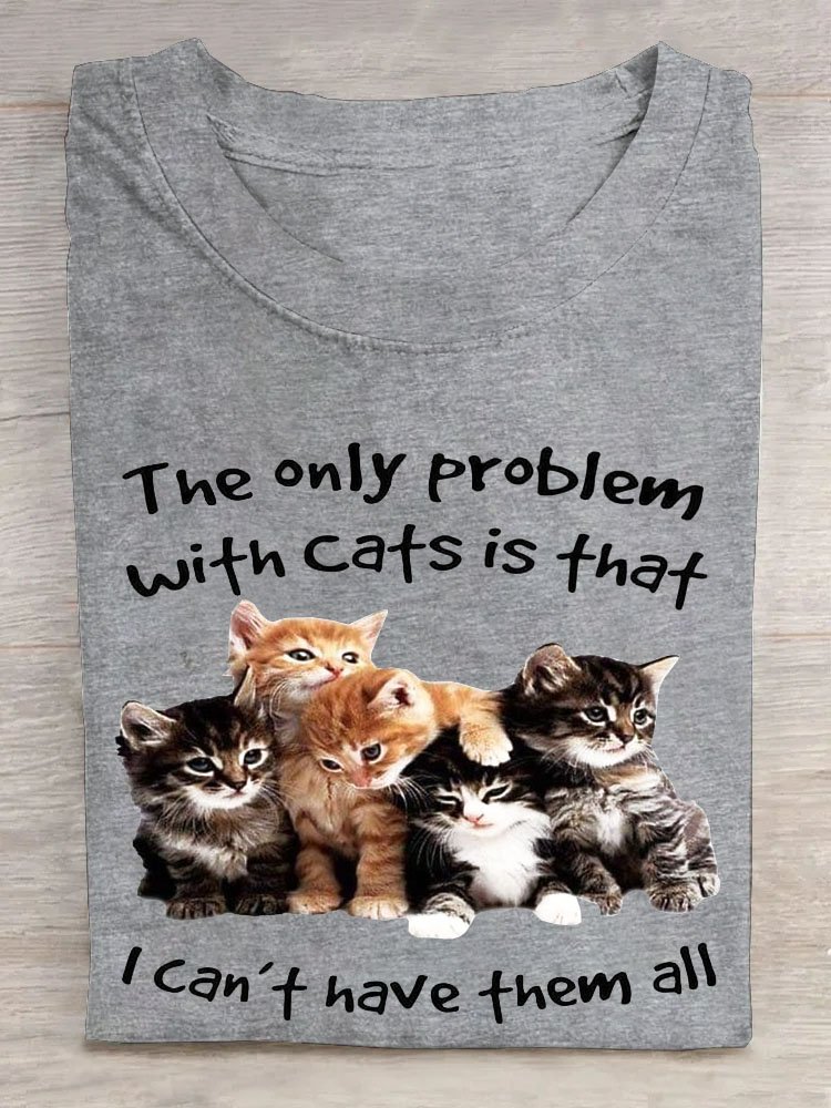 Text letter cat print round neck long sleeved casual T-shirt