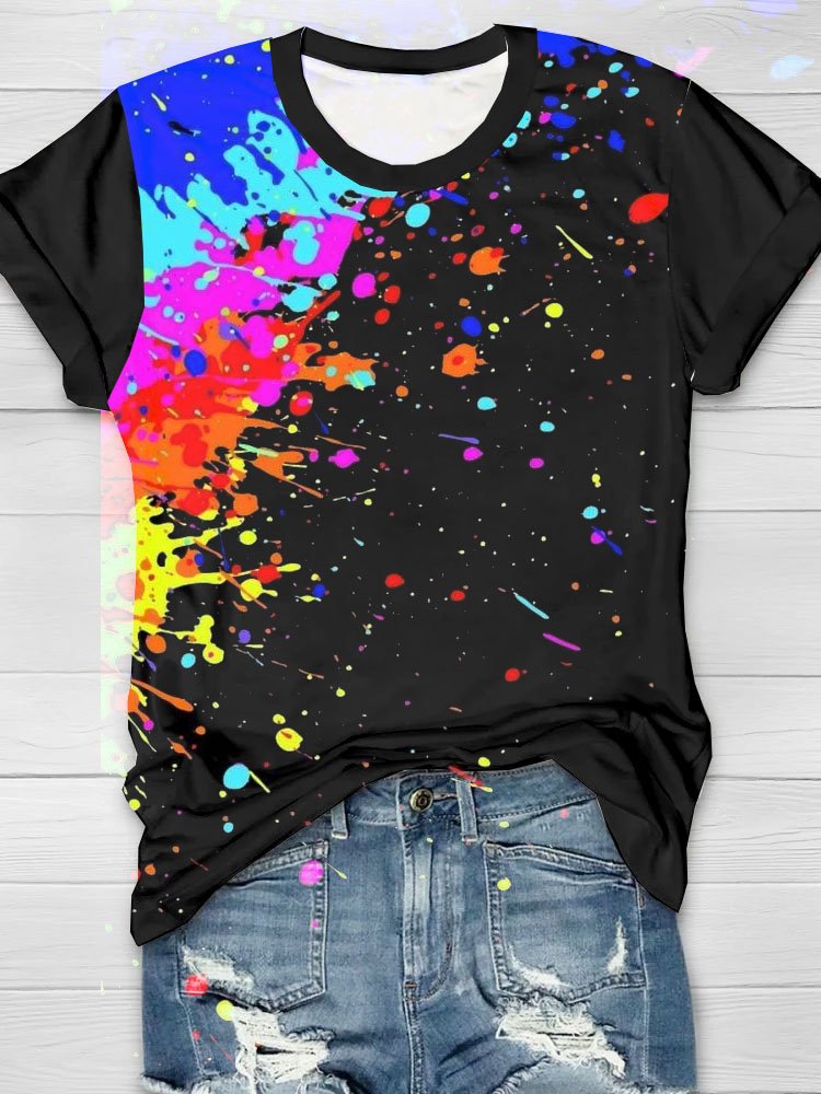 Abstract watercolor printed round neck short sleeved casual T-shirt