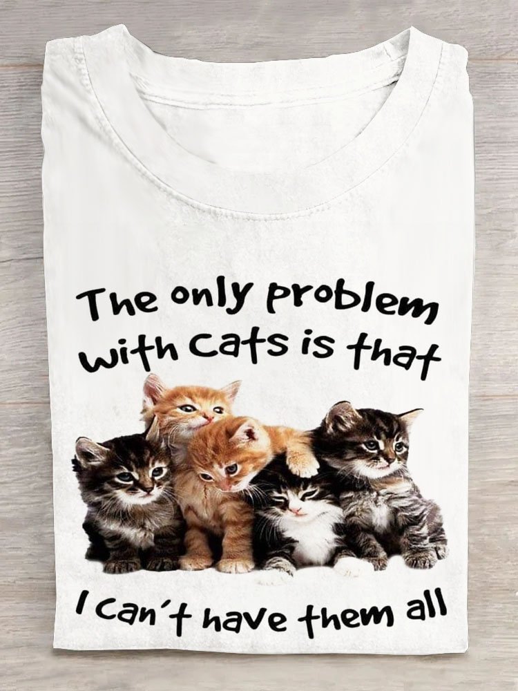 Text letter cat print round neck long sleeved casual T-shirt