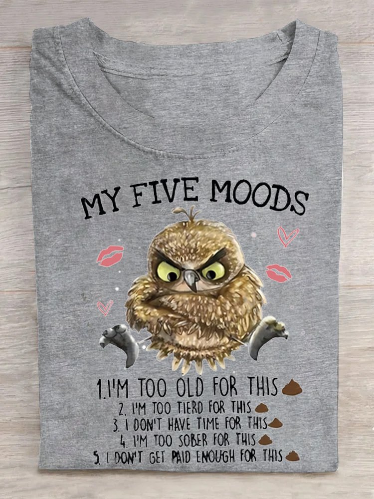 Women's 5 Five Mood Letters Owl  Crew Neck Cotton T-Shirt