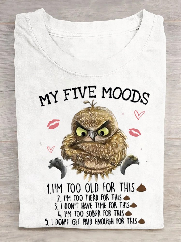 Women's 5 Five Mood Letters Owl  Crew Neck Cotton T-Shirt