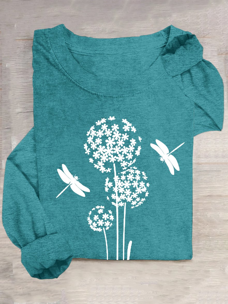 Crew Neck Dandelion Dragonfly Casual Loose T-Shirt