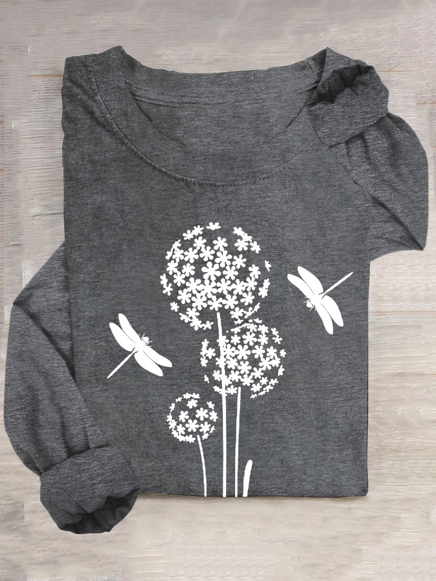 Crew Neck Dandelion Dragonfly Casual Loose T-Shirt