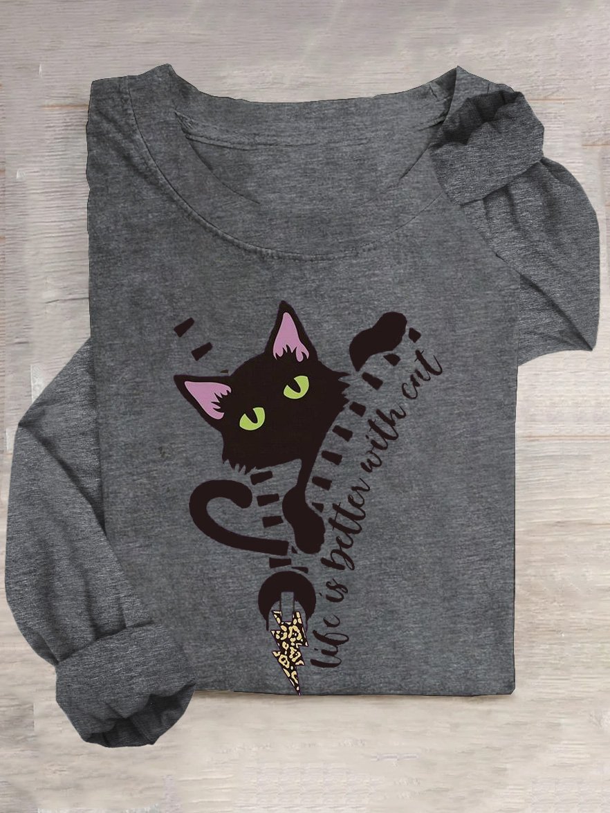 Cat Cotton-Blend Casual Crew Neck T-Shirt