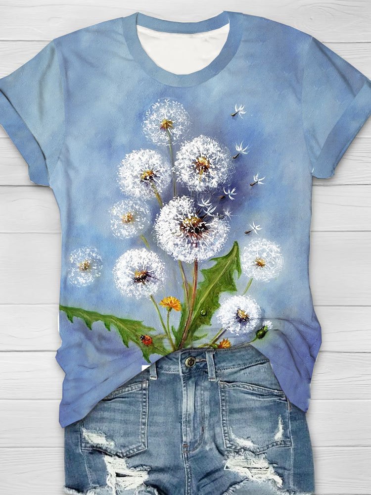 Dandelion print round neck short sleeved casual T-shirt