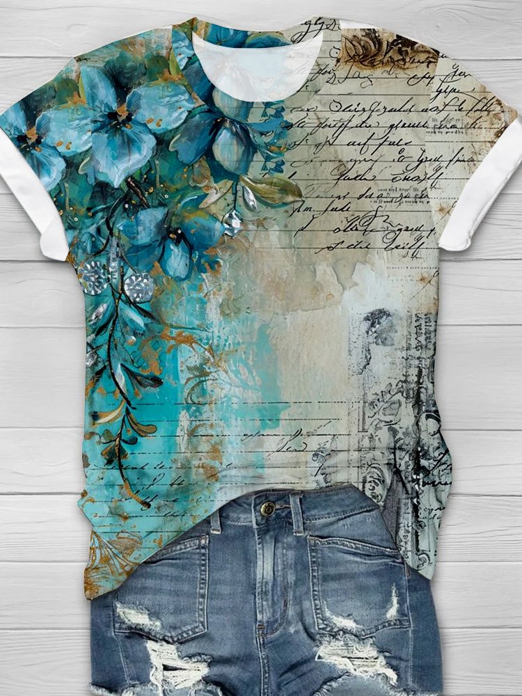 Pop Art Floral Print Crew Neck Casual T-Shirt