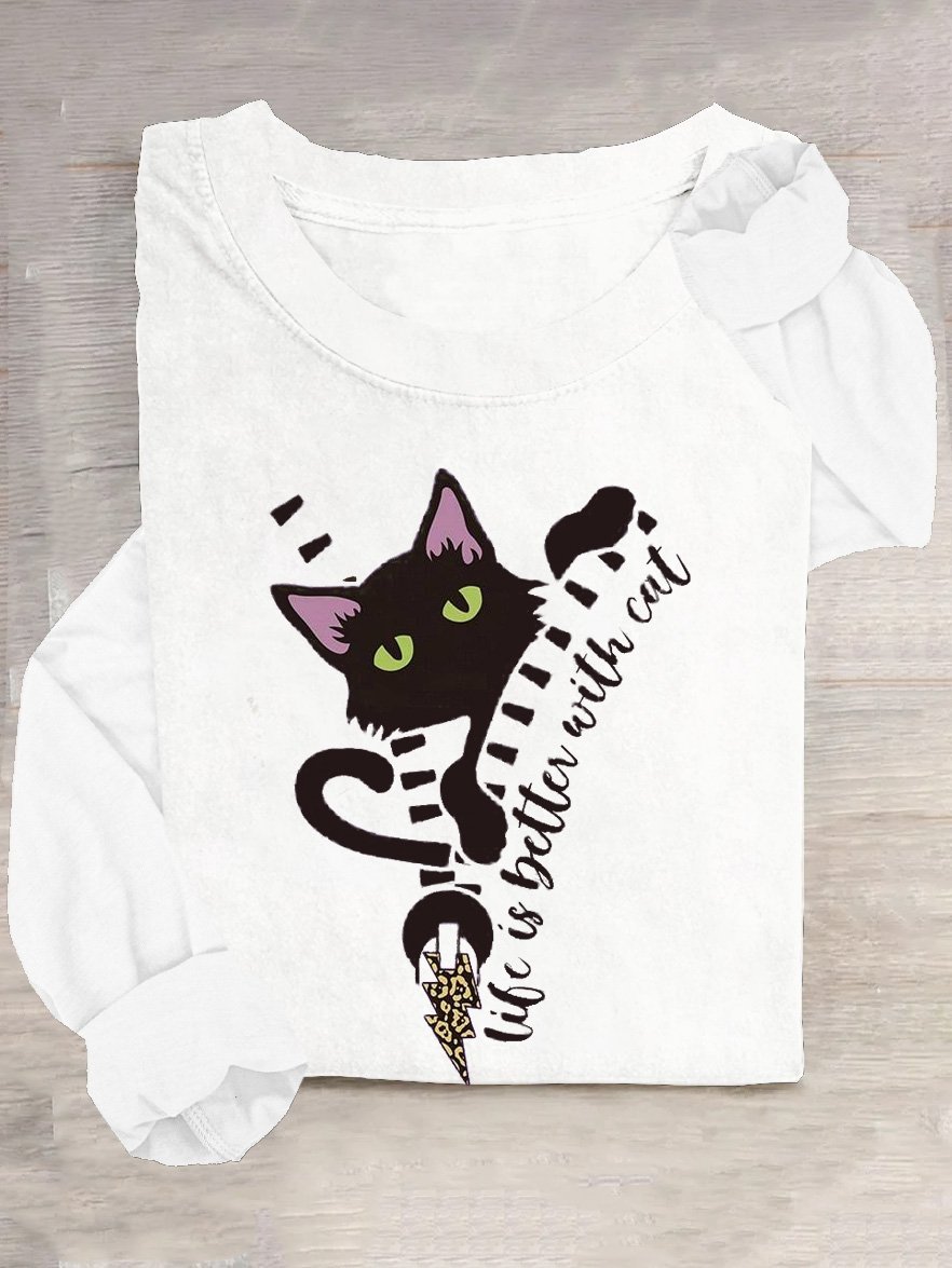 Cat Cotton-Blend Casual Crew Neck T-Shirt