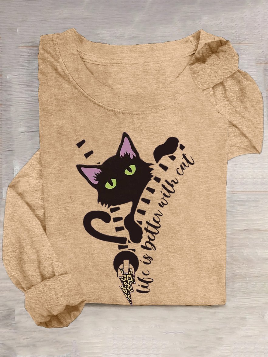 Cat Cotton-Blend Casual Crew Neck T-Shirt