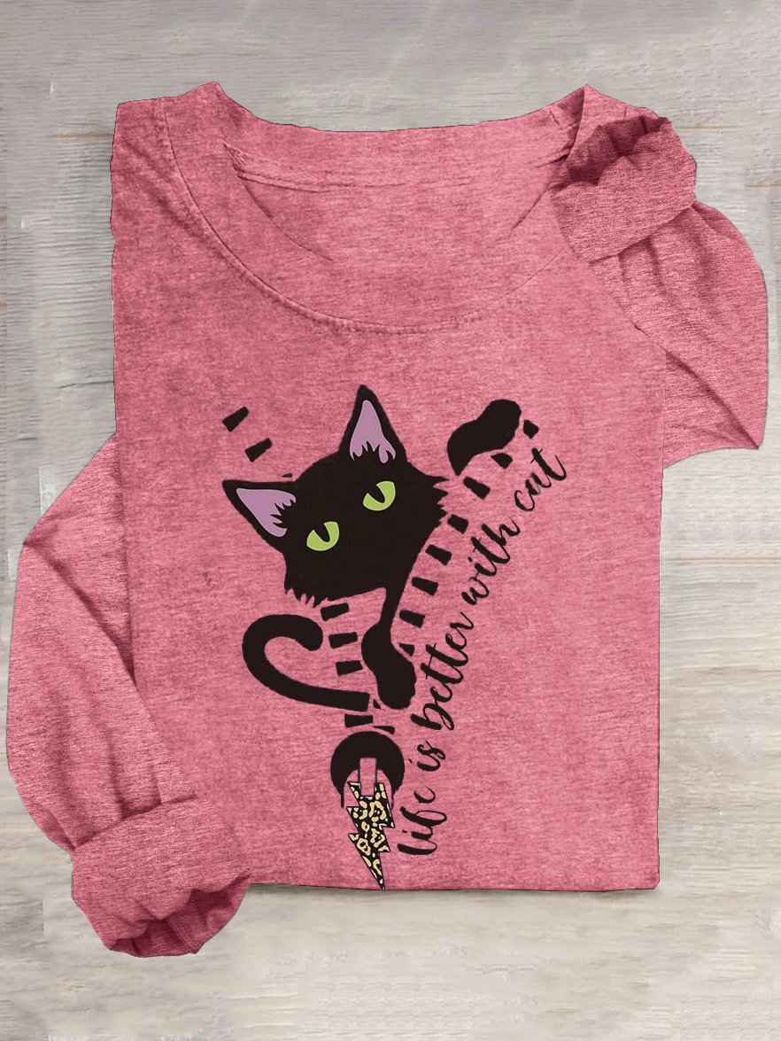 Cat Cotton-Blend Casual Crew Neck T-Shirt