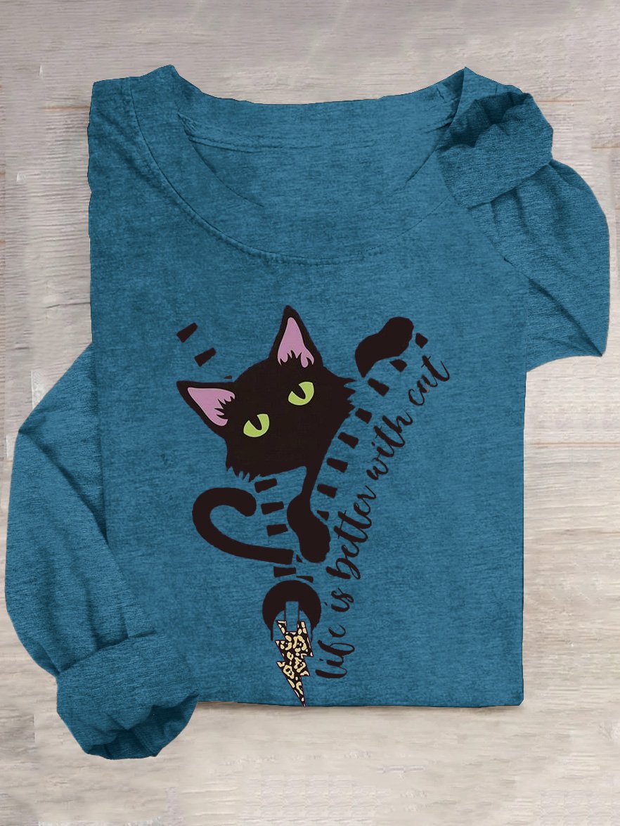 Cat Cotton-Blend Casual Crew Neck T-Shirt