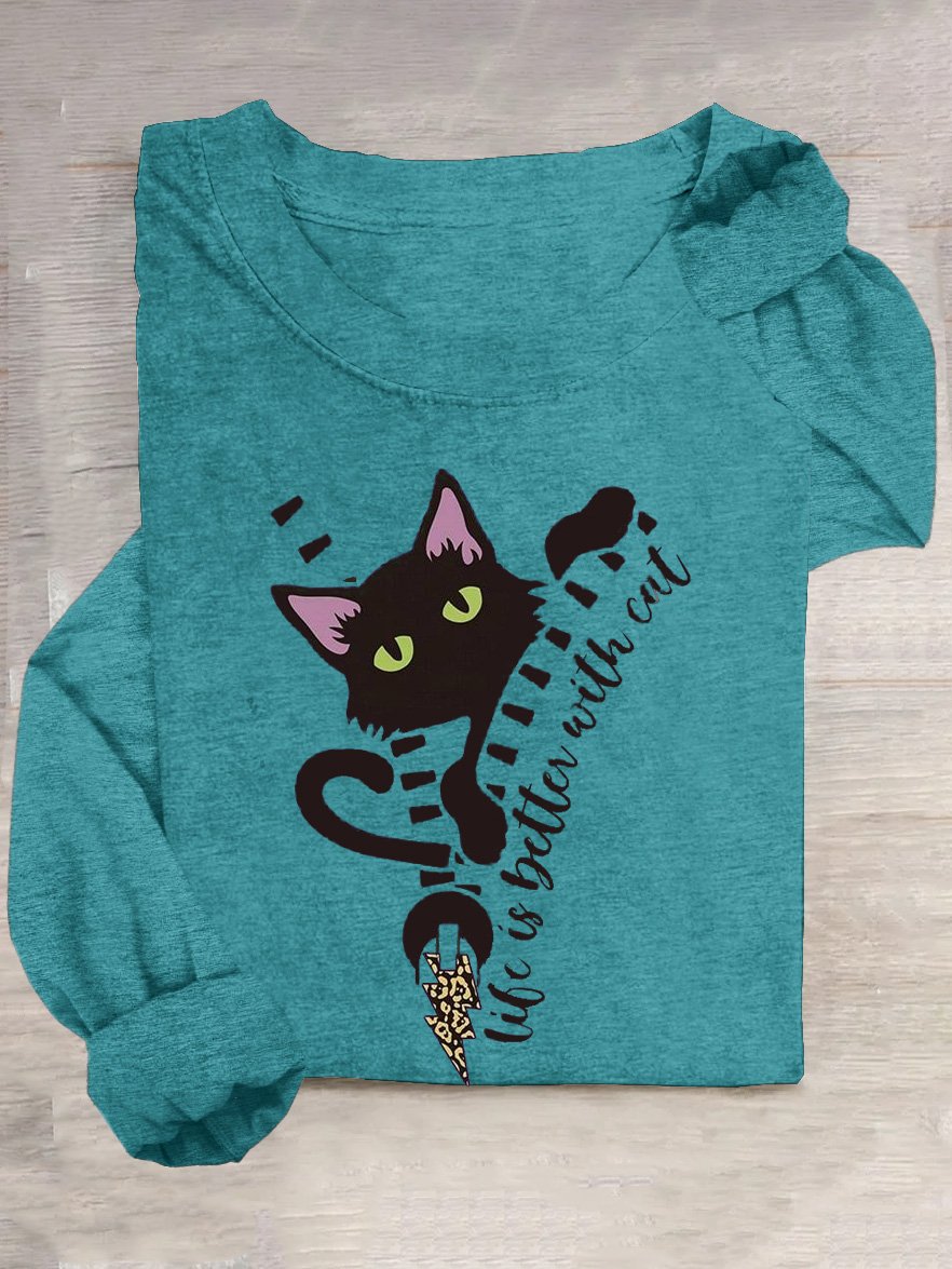 Cat Cotton-Blend Casual Crew Neck T-Shirt