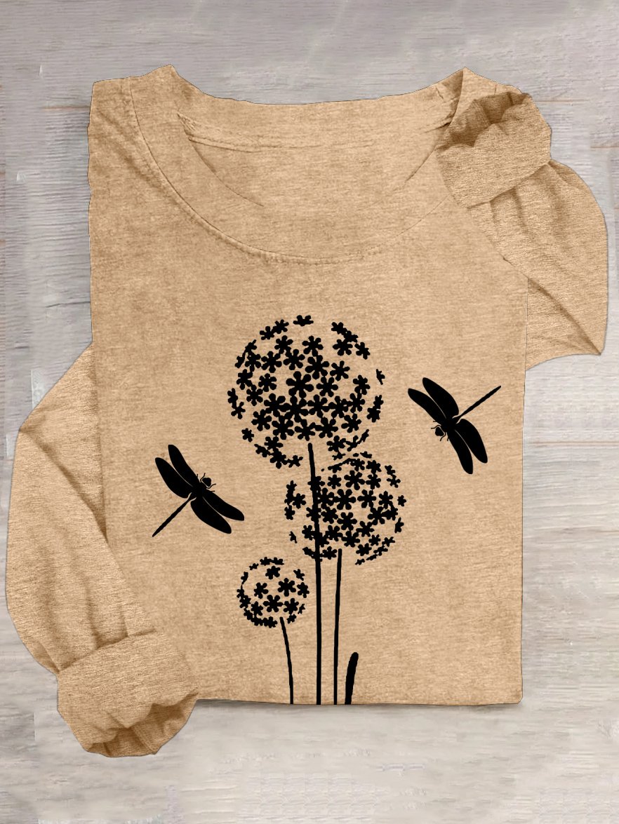 Crew Neck Dandelion Dragonfly Casual Loose T-Shirt