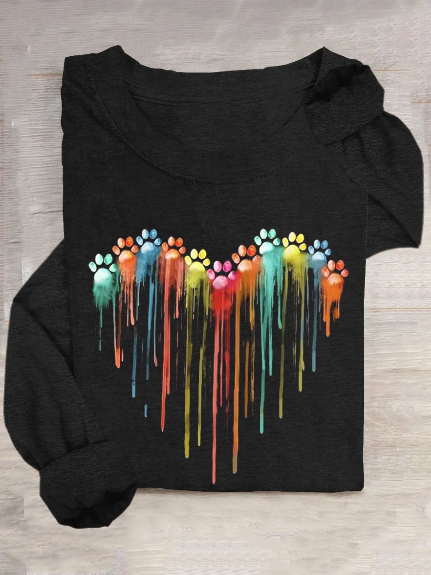 Dog Claw Abstract Printed Round Neck Long Sleeve Casual T-shirt